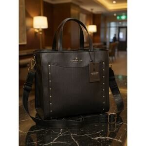 London Fog Sophia Studded Black Tote Bag NWT Faux Leather Gold Hardware